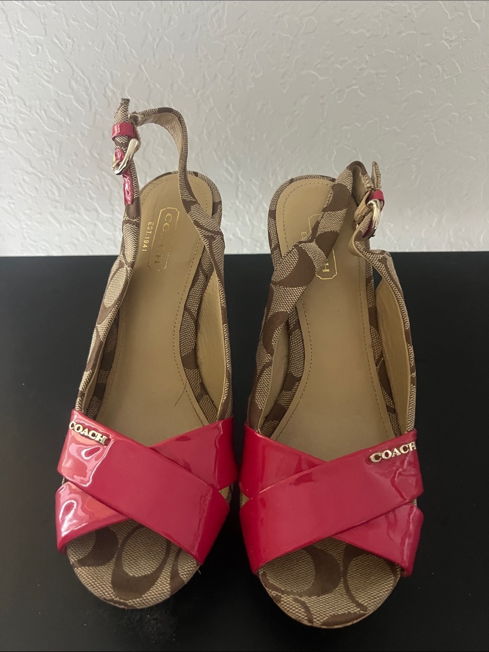 Coach Jessy Signature Khaki And Magenta Patent Leather Cork Wedge Sandals